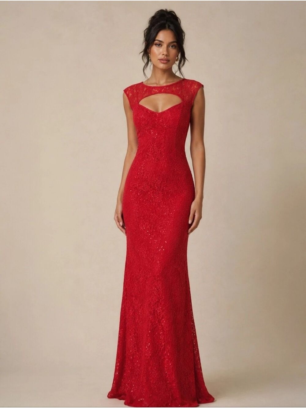 Tawny Red Sequin Lace Overlay Evening Dress Gown  Large